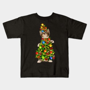 Cat Christmas Tree Light Funny Gift Kids T-Shirt